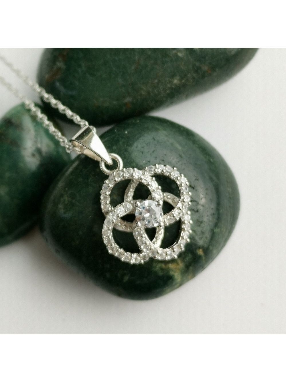 Sterling Silver CZ Clover Flower Pendant Necklace
